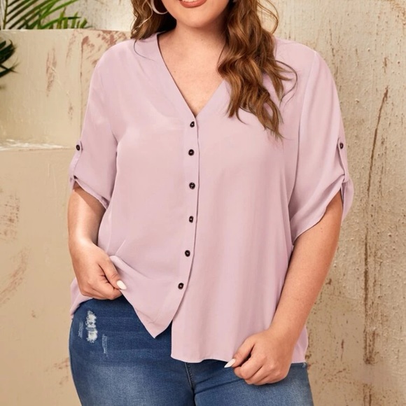 Roll tab mid length sleeves button up v neck boho blouse baby blue - Picture 4 of 14